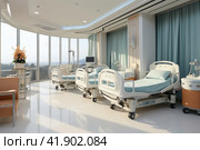 Hospital recovery room with beds in light colors  Generative AI. Стоковое AI-изображение, AI-художник Анна Кривицкая / Фотобанк Лори