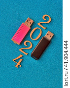 Коллаж защита информации в 2024 году. Цифры года на синем фоне и две USB-флеш-накопители. Стоковое фото, фотограф Елена Бобкова / Фотобанк Лори