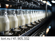 Dairy. Row of bottles with pasteurized milk on conveyor belt. Dairy plant conveyor fills and packs bottles of glass milk. Conveyor is an automatic product line with a dairy plant. Стоковое AI-изображение, AI-художник Ирина Михайличенко / Фотобанк Лори
