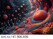 Close-up of multi-colored 3D bacteria under a color scanning electron micrograph. Стоковое AI-изображение, AI-художник Виталий Сова / Фотобанк Лори