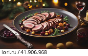 Christmas table with duck breast. AI. Стоковое AI-видео, аниматор Виктория Кольцова / Фотобанк Лори