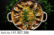 Spaghetti alle vongole with tomato in seafood jus served as close-up at a Nordic design bowl with copy space. Стоковое AI-изображение, AI-художник Ирина Ручушкина / Фотобанк Лори