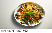 Spaghetti alle vongole with tomato in seafood jus served as close-up at a Nordic design bowl with copy space. Стоковое AI-изображение, AI-художник Ирина Ручушкина / Фотобанк Лори