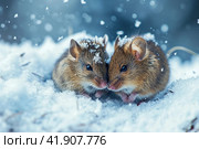 Snowstorm, two mice snuggling together and almost covered in snow, ,Generative AI. Стоковое AI-изображение, AI-художник Анна Кривицкая / Фотобанк Лори