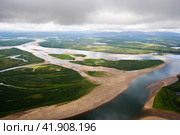 Top view of the Anadyr River. Aerial photography. Picturesque summer tundra. Beautiful endless expanses of the Arctic. Chukotka, Siberia, Far East of Russia. Perfect for background and wallpaper. Стоковое фото, фотограф Андрей Степанов / Фотобанк Лори