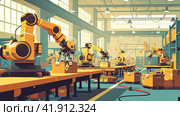 Illustration of industrial robots working. Стоковое AI-изображение, AI-художник Кирилл Черезов / Фотобанк Лори