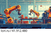Illustration of industrial robots working. Стоковое AI-изображение, AI-художник Кирилл Черезов / Фотобанк Лори
