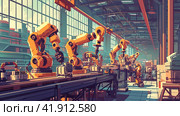 Illustration of industrial robots working. Стоковое AI-изображение, AI-художник Кирилл Черезов / Фотобанк Лори