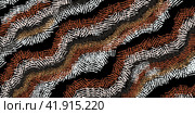 Multi-colored segments intersect and folded into wavy lines. Waves at the same angle are located on a black background. Abstract background. Стоковая иллюстрация, иллюстратор Бузмакова Светлана / Фотобанк Лори