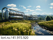 Hydrogen pipe with gauge on a background of H2 factory using renewable energy. Green hydrogen production concept. Стоковое AI-изображение, AI-художник Ирина Михайличенко / Фотобанк Лори