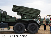 Боевая машина, реактивная система залпового огня 9К51М "Торнадо-Г" в парке "Патриот". Средняя Ахтуба, Волгоградская область, Россия (2020 год). Редакционное фото, фотограф Андрей Цыганков / Фотобанк Лори