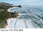 Lake Baikal in winter, aerial photography. Beautiful view of Cape Kolokolny. Стоковое фото, фотограф Виктория Тельминова / Фотобанк Лори