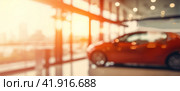Blurred abstract background with a red car in a spacious bright car showroom. Стоковое AI-изображение, AI-художник Margarita Davchenko / Фотобанк Лори