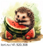A drawing of a cute hedgehog eating a slice of watermelon,Generative AI. Стоковое AI-изображение, AI-художник Анна Кривицкая / Фотобанк Лори