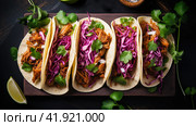 Row of Mexican street Tacos on slate with carne asada and al pastor in corn tortilla. Стоковое AI-изображение, AI-художник Ирина Ручушкина / Фотобанк Лори