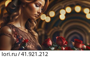 Grieving woman with a bouquet of flowers saying goodbye to the departed. Стоковое AI-видео, аниматор Юрий Поздников / Фотобанк Лори
