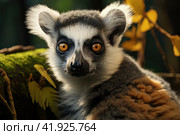 The ring-tailed lemur, Lemur catta is a large strepsirrhine primate and the most recognized lemur due to its long, black and white ringed tail.Like all lemurs it is endemic to the island of Madagascar. Стоковое AI-изображение, AI-художник Ирина Михайличенко / Фотобанк Лори