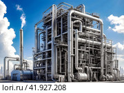 Нефтехимический завод и газораспределительная станция на окраине города. Экологическое предприятие. Стоковое AI-изображение, AI-художник Александр Бушков / Фотобанк Лори
