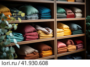 Wardrobe after decluttering and putting in order, storage system for clothes, folded on shelves and hanging on racks. Стоковое AI-изображение, AI-художник Ирина Михайличенко / Фотобанк Лори
