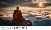 Buddhist monk master is meditating at the top of the cliff at dusk for the new year. Buddhist monk sitting in nirvana on top of mountain above clouds early morning. AI. Стоковое AI-изображение, AI-художник Sergey Grishin / Фотобанк Лори