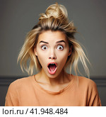 A blonde girl with a surprised look and an open mouth looks at the camera. The concept of strong surprise. Generated by AI. Стоковое AI-изображение, AI-художник Ярославский Максим / Фотобанк Лори