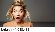 A blonde girl with a surprised look and an open mouth looks at the camera. The concept of strong surprise. Generated by AI. Стоковое AI-изображение, AI-художник Ярославский Максим / Фотобанк Лори