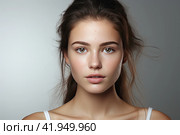 Beauty. Woman 25 years, has shiny glowing skin, clean nourished body and face, looks sensual at camera, white background. Стоковое AI-изображение, AI-художник Ирина Михайличенко / Фотобанк Лори