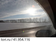 Вид на лес вдоль трассы М3 зимой (2024 год). Редакционное фото, фотограф Дмитрий Неумоин / Фотобанк Лори