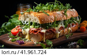 Huge tasty sandwich with ham or balyk,Generative AI. Стоковое AI-изображение, AI-художник Анна Кривицкая / Фотобанк Лори