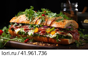 Huge tasty sandwich with ham or balyk,Generative AI. Стоковое AI-изображение, AI-художник Анна Кривицкая / Фотобанк Лори