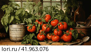 Juicy tomatoes nestled among lush green basil leaves.Generative AI. Стоковое AI-изображение, AI-художник Анна Кривицкая / Фотобанк Лори