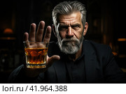 Man refuses say no and avoid to drink an alcohol whiskey , stopping hand sign male, alcoholism treatment, alcohol addiction, quit booze, Stop Drinking Alcohol. Refuse Glass liquor, unhealthy. Стоковое AI-изображение, AI-художник Ирина Михайличенко / Фотобанк Лори