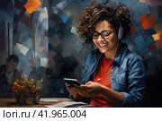 An African girl is sitting at a table in a cafe and smiling at the screen of her smartphone. A flat illustration. Стоковое AI-изображение, AI-художник Ярославский Максим / Фотобанк Лори