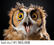 An astonished little owl with its beak open in surprise looks at the camera with its eyes wide open. The concept of strong surprise. Стоковое AI-изображение, AI-художник Ярославский Максим / Фотобанк Лори