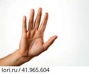 The outstretched hand of a man's hand on a white background. Isolated. Стоковое AI-изображение, AI-художник Ярославский Максим / Фотобанк Лори