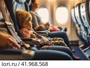 Adorable little child traveling by an airplane family. Стоковое AI-изображение, AI-художник Jan Jack Russo Media / Фотобанк Лори