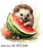 A drawing of a cute hedgehog eating a slice of watermelon,Generative AI. Стоковое AI-изображение, AI-художник Анна Кривицкая / Фотобанк Лори