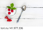 A glass with milk yogurt, ripe raspberries, green leaf and red currant on a white wooden table with a copy space top view, selective focus. Стоковое фото, фотограф Андрей С / Фотобанк Лори