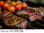 Gaucho cooking the meat on the fire, making the barbecue on the coals, Photos and menus of cafes and restaurants, Magazines. Стоковое AI-изображение, AI-художник Ирина Ручушкина / Фотобанк Лори