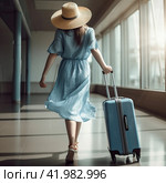 A girl in a light blue traveling dress and carrying a gray suitcase is walking through the airport building. Rear view. Generated by AI. Стоковое AI-изображение, AI-художник Ярославский Максим / Фотобанк Лори