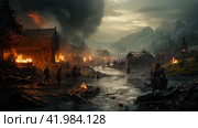 Burning medieval village. ,Generative AI. Стоковое AI-изображение, AI-художник Анна Кривицкая / Фотобанк Лори