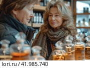 Woman looking at a variety of fragrances in a cozy perfume shop. Стоковое AI-изображение, AI-художник Юрий Поздников / Фотобанк Лори