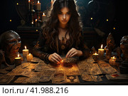 Woman reading tarot cards in spiritual room. Tarot cards in fortune teller hands. Woman mixes tarot cards deck on wooden desk table. Reading future. Стоковое AI-изображение, AI-художник Ирина Михайличенко / Фотобанк Лори