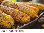 Fresh and delicious grilled corn, Image for menu, cafe, restaurant. Стоковое AI-изображение, AI-художник Ирина Ручушкина / Фотобанк Лори