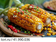 Fresh and delicious grilled corn, Image for menu, cafe, restaurant. Стоковое AI-изображение, AI-художник Ирина Ручушкина / Фотобанк Лори