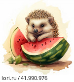 A drawing of a cute hedgehog eating a slice of watermelon,Generative AI. Стоковое AI-изображение, AI-художник Анна Кривицкая / Фотобанк Лори