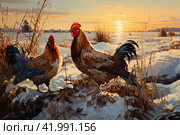 Roosters  in the village in winter,Generative AI. Стоковое AI-изображение, AI-художник Анна Кривицкая / Фотобанк Лори