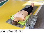 Full-body CPR training mannequin laid out on a mat for a first aid and resuscitation course. Стоковое фото, фотограф Zakharova Natasha / Фотобанк Лори