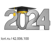 2024 year and graduation cap on white background. Isolated 3D illustration. Стоковая иллюстрация, иллюстратор Ильин Сергей / Фотобанк Лори