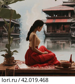 a woman in a red skirt is sitting in a boat with an airplane on the dock. Стоковое AI-изображение, AI-художник Юлия Гапеенко / Фотобанк Лори